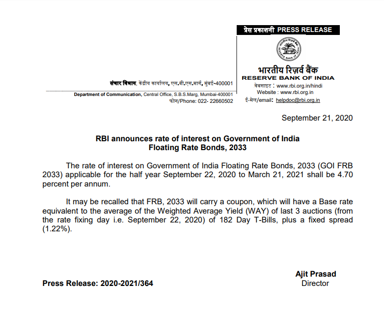 RBI announces rate of interest on Government of India Floating Rate