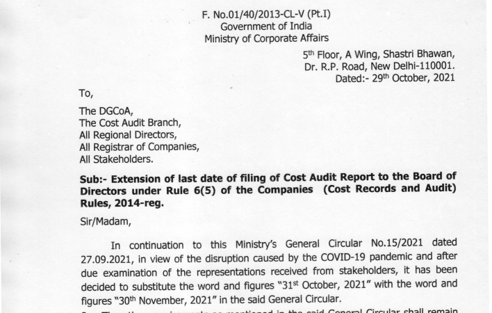 Last date of filing of Cost Audit Report- Circular