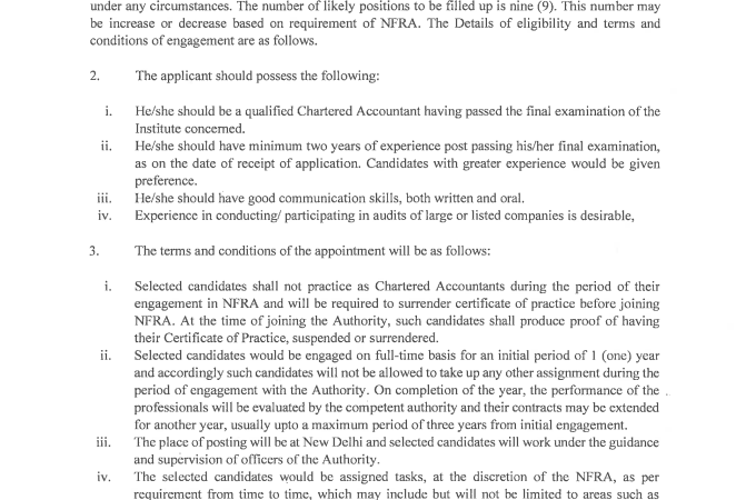 Applications from CAs for engagement as Professionals in NFRA