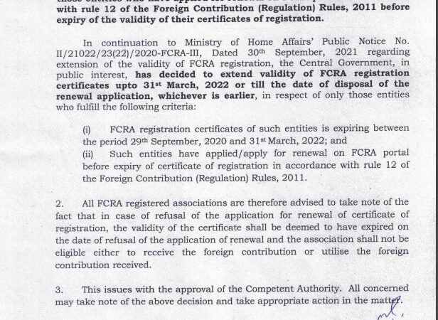 Extension of the validity of FCRA registration certificates