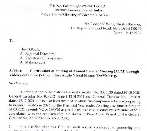 Clarification on holding AGM- General Circular no. 21/2021