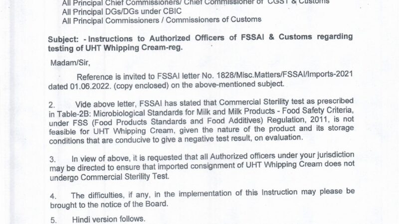 Instructions to Authorized Officers of FSSAI & Customs