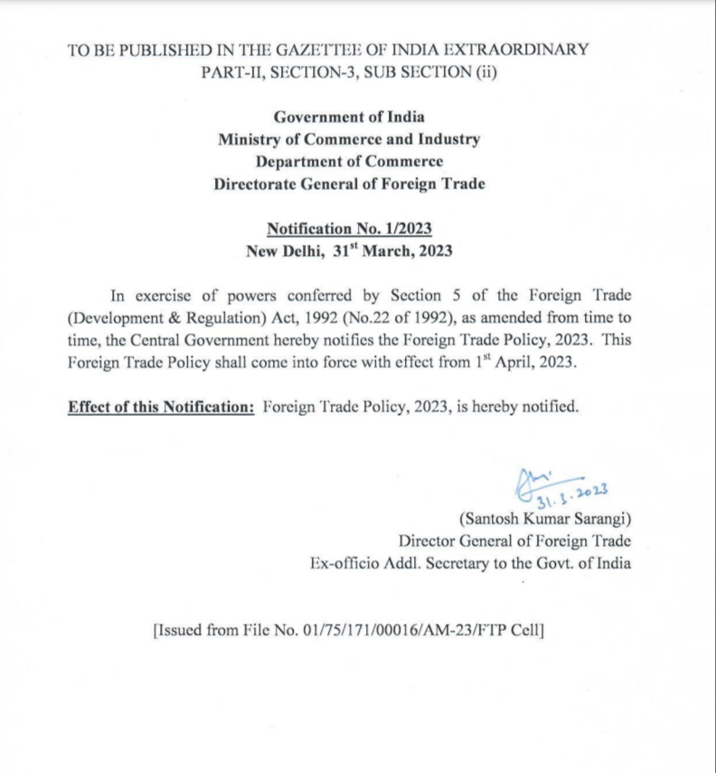 Foreign Trade Policy, 2023 - Notification No. 1/2023 – CA Cult