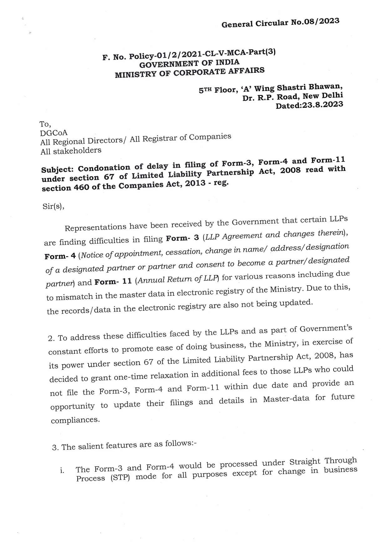 Condonation of delay in filing of Form-3, Form-4 and be Form-11 – CA Cult